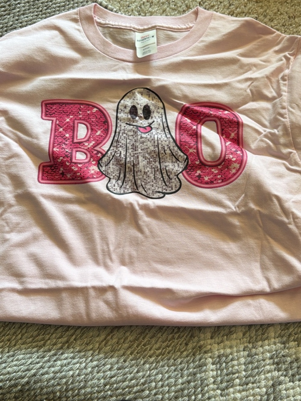 Hanes Light Pink 'BOO' Ghost Sequin Accent Short Sleeve Tee